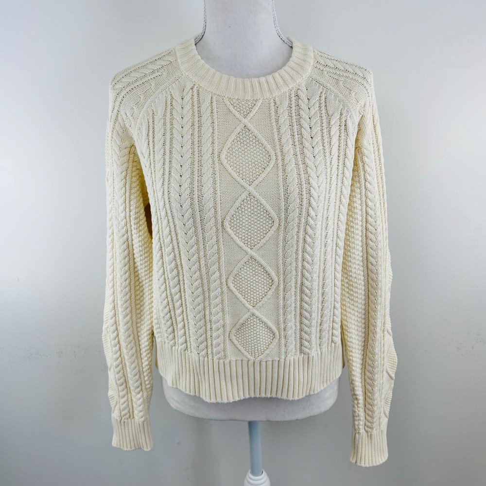 Faherty Sweater Womens Ivory Heavy Cable Knit Long Sleeve Cropped Size Medium